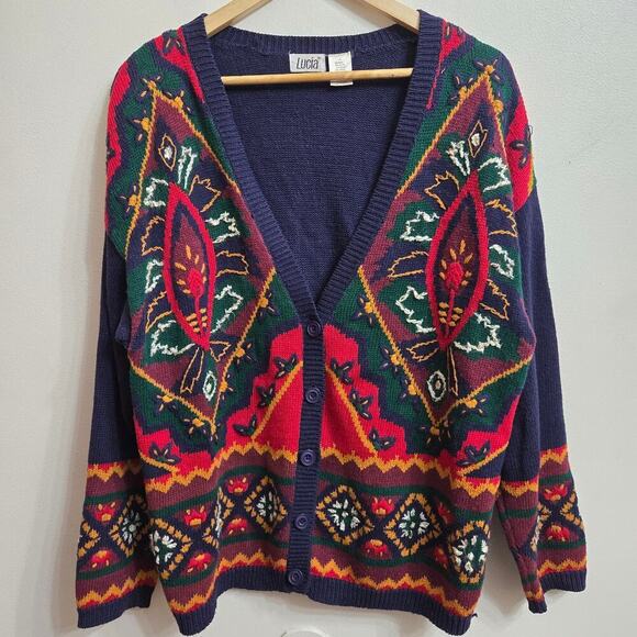 Vtg Lucia Womens Oversized 3D Knit Cardigan Sweater L Boho Paisley Embroidered - Picture 1 of 11